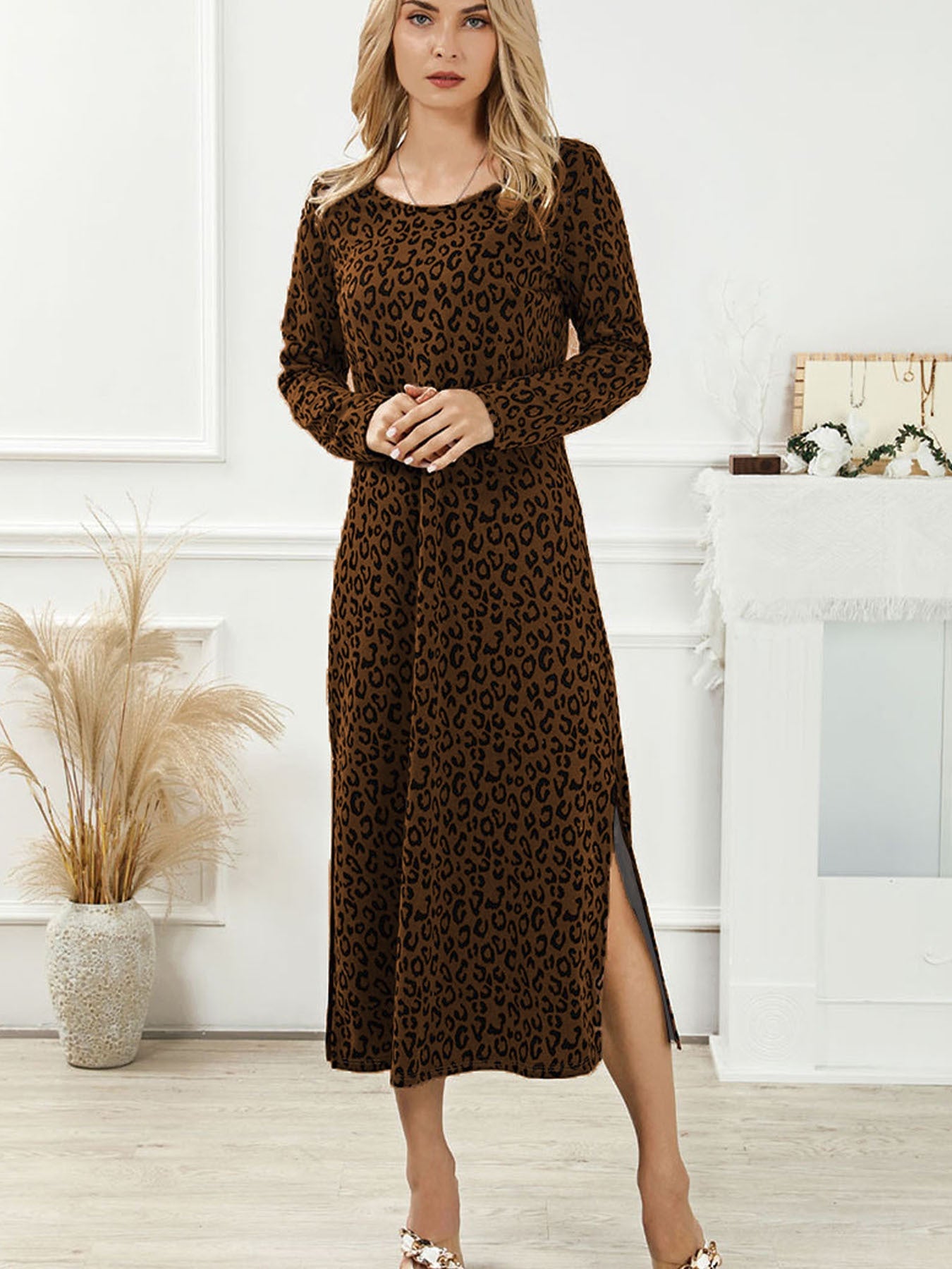 Fashion Women's Vintage Leopard Print Dress Round Neck Long Sleeve Casual Midi Dress eprolo