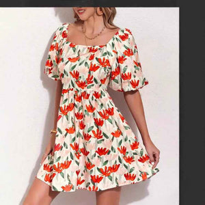 Floral Print Lantern Sleeve Short Sleeve Dress Casual Fashion Dress