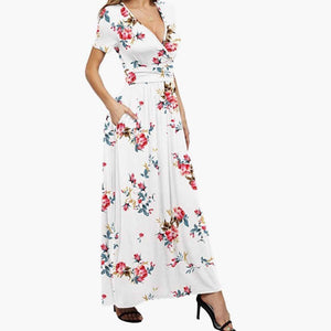 Elegant V-Neck Short Sleeve Wrap Dress with Pockets