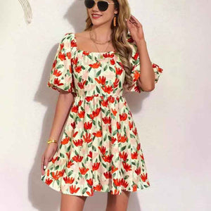 Floral Print Lantern Sleeve Short Sleeve Dress Casual Fashion Dress