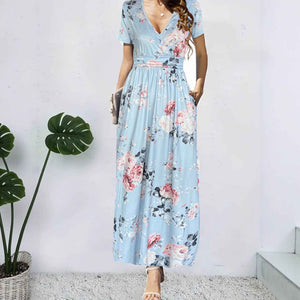 Elegant V-Neck Short Sleeve Wrap Dress with Pockets
