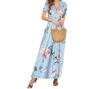 Elegant V-Neck Short Sleeve Wrap Dress with Pockets eprolo