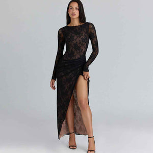 Elegant sheer slit long lace dress from MRC STORE featuring delicate lace fabric and a flowing silhouette.