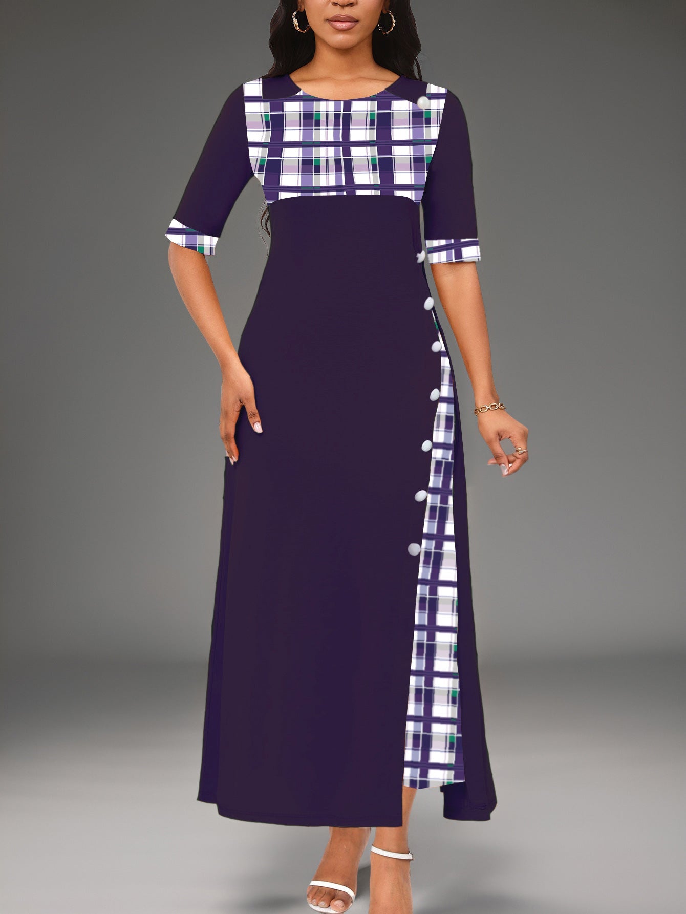 New Style Dress Round Neck Color Block Mid Sleeve Irregular Long Dress eprolo