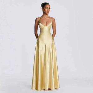 Satin Strapless Waist-cinching Maxi Evening Gown With A Deep V-neck And A Full Skirt In Satin