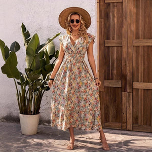 Clothing Elegant Floral Print V-Neck Short Sleeve Fitted Dress eprolo