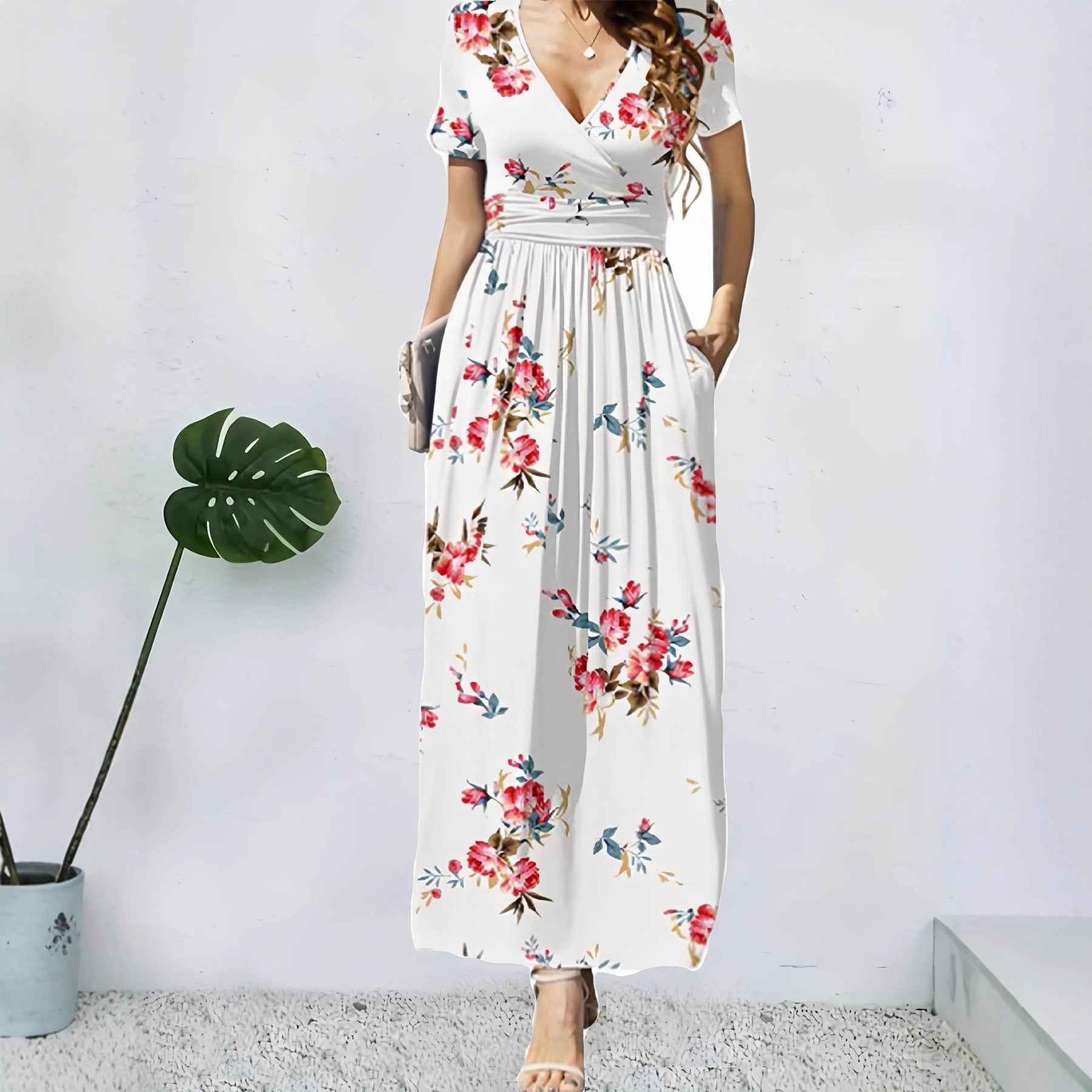 Elegant V-Neck Short Sleeve Wrap Dress with Pockets