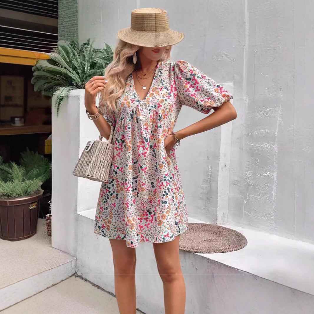 Cute Floral Print V-Neck Puff Sleeve Pleated Casual Loose Dress