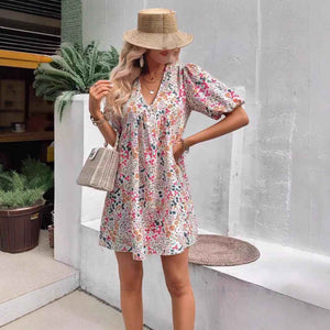 Cute Floral Print V-Neck Puff Sleeve Pleated Casual Loose Dress