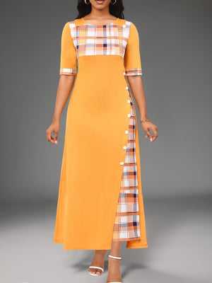 New Style Dress Round Neck Color Block Mid Sleeve Irregular Long Dress eprolo