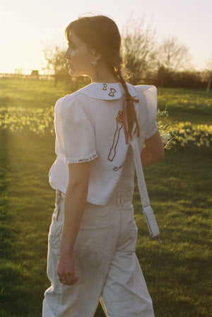 Eat Together Embroidered Frances Linen Blouse - White x Sshepaints - Made to Order