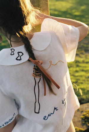 Eat Together Embroidered Frances Linen Blouse - White x Sshepaints - Made to Order