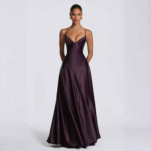 Satin Strapless Waist-cinching Maxi Evening Gown With A Deep V-neck And A Full Skirt In Satin