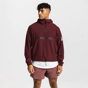 Men's black lightweight hooded windbreaker hoodie by MJ Room with front zipper pocket and casual fit.