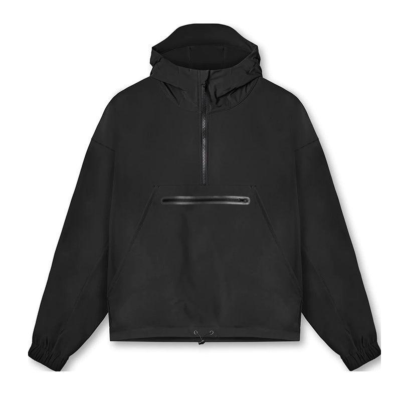 Men's black MJ Room lightweight hooded windbreaker with front zipper pocket, casual hoodie for outdoor wear.