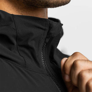 Black men's lightweight hooded windbreaker hoodie by MJ Room with front zipper pocket and adjustable drawstring hood.