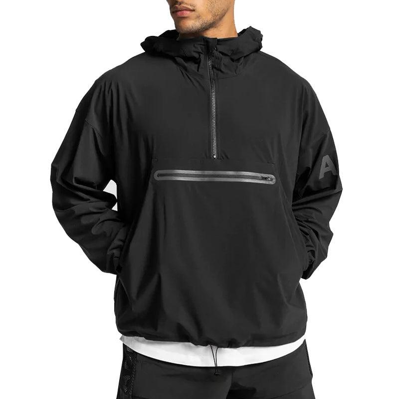 Black men's lightweight hooded windbreaker hoodie by MJ Room with front zipper pocket and adjustable hood.