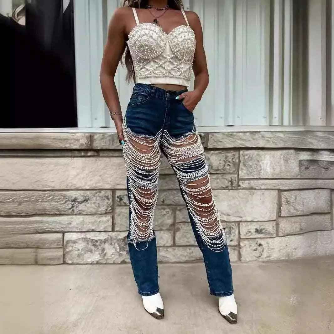 Bead Chain Jeans - MRC STOREbottomsMRC StoreBead Chain JeansMRC STORECJLY206248711KPDark Blue2XL