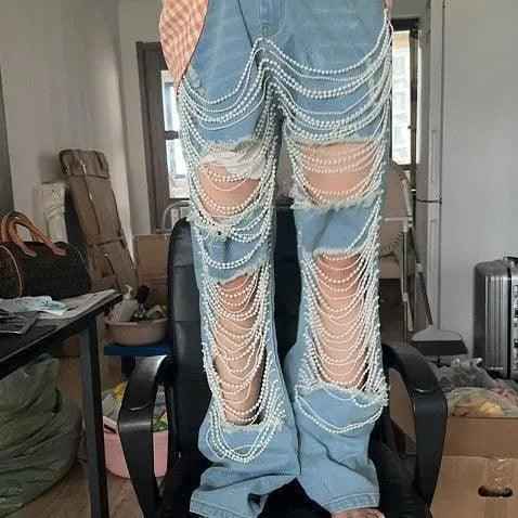 Bead Chain Jeans - MRC STOREbottomsMRC StoreBead Chain JeansMRC STORECJLY206248706FULight Blue2XL