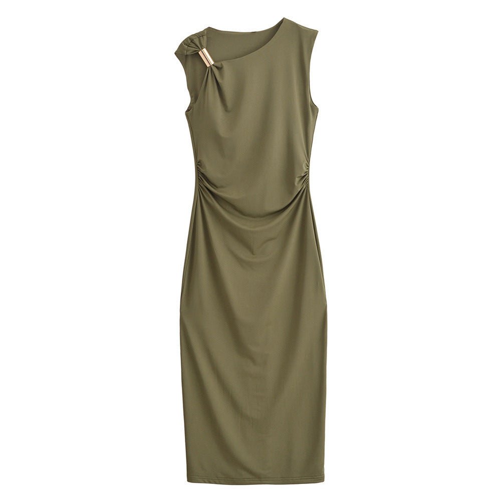 Satin Sleeveless Pleated Dress - MRC STOREDressMRC StoreGreen dress with a unique shoulder detail on a white backgroundMRC STORECJLY254098603CXArmy GreenL
