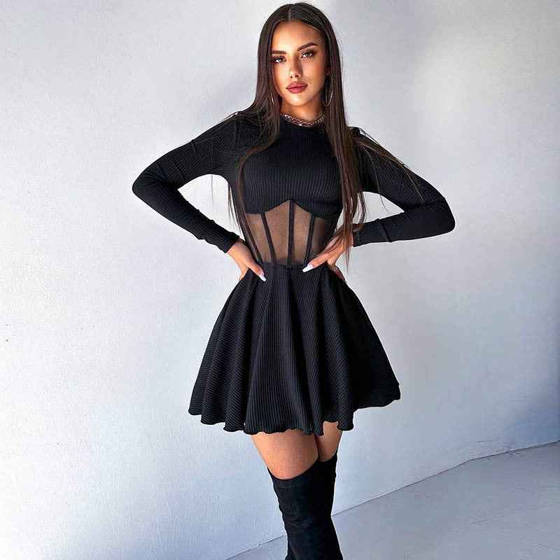 Fishbone Waist Mesh Spliced Mini Dress - MRC STOREDressMRC STOREFishbone Waist Mesh Spliced Mini DressMRC STORECJLY262697103CXBlackL