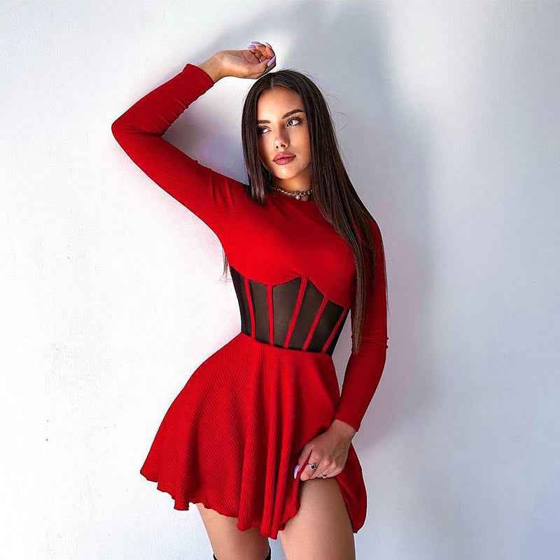Fishbone Waist Mesh Spliced Mini Dress - MRC STOREDressMRC STOREFishbone Waist Mesh Spliced Mini DressMRC STORECJLY262697106FURedL