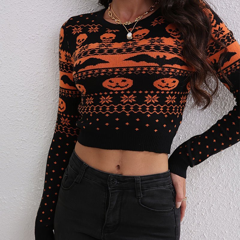 Halloween Contrast Color Jacquard Round Neck Sweater - MRC STOREHalloweenMRC STOREPerson wearing a black and orange Halloween - themed sweater against a white wall.MRC STORECJMY212743303CXOrange RedL
