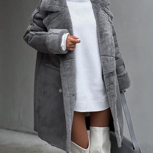 Suede Coat Suit Collar Long Cardigan - MRC STOREJacketsMRC STOREA woman wearing a long gray suede cardigan coat with a plush suit collar and metal details, paired with a white dress and white boots.MRC STORECJQB213318007GTApricotL