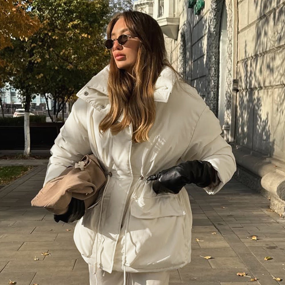 Slim - Fit Cottonpadded Drawstring Waisttight Jacket - MRC STOREJacketsMRC STOREWoman wearing a white puffer jacket on a city street.MRC STORECJJK255501003CXBeigeL
