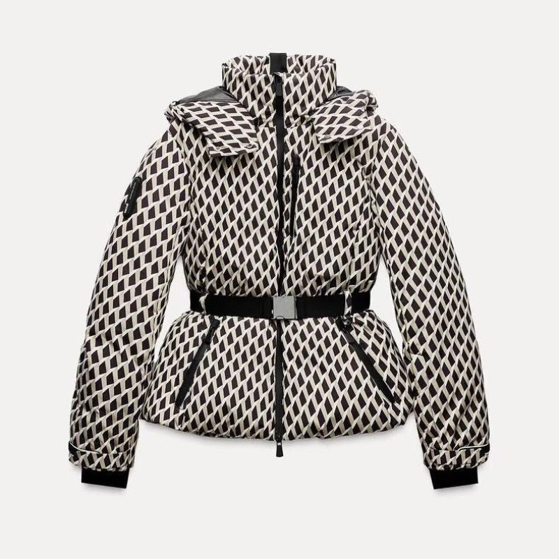 Belted Stand Collar Ski Puffer Jacket - MRC STOREJacketsMRC STOREPatterned jacket with a belt on a light gray backgroundMRC STORECJWJ261267408HSBlackL