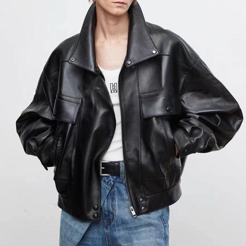 Sheepskin Jacket - Retro Loose Chic - MRC STOREJacketsMRC STOREA woman wearing a black sheepskin retro loose jacket with a casual outfit.MRC STORECJYD220101303CXBlackL