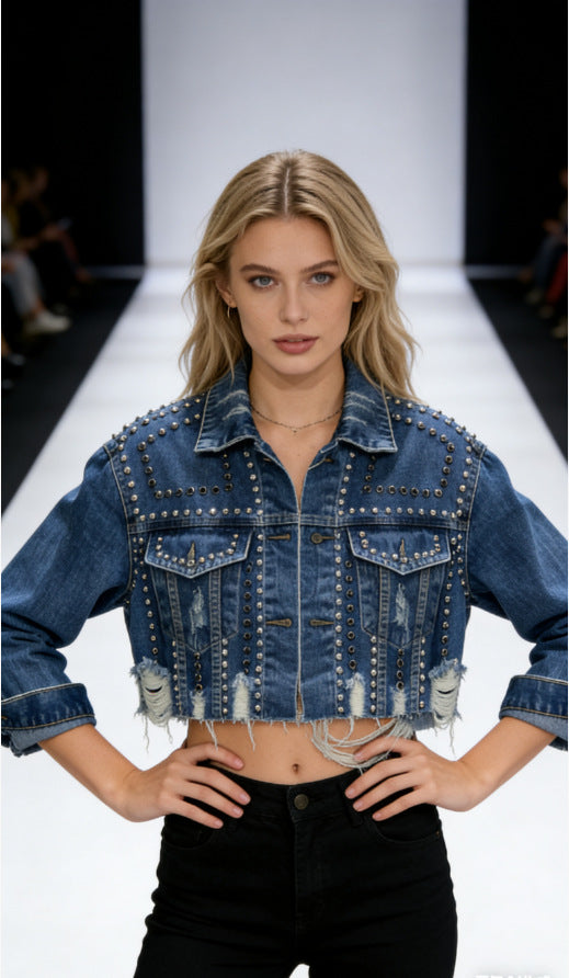 Long-Sleeve Distressed Beaded Denim Jacket - MRC WEAR