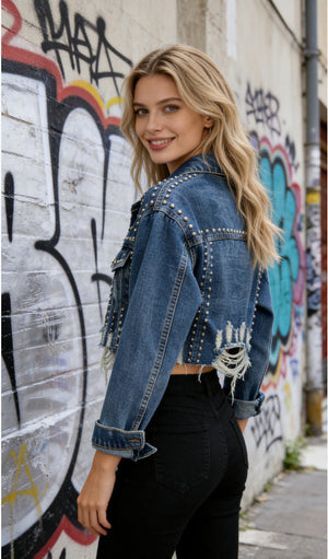 Long-Sleeve Distressed Beaded Denim Jacket - MRC WEAR
