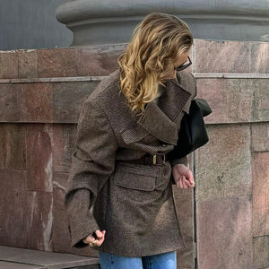 Mid - Length Double - Breasted British - Style Wool Coat - MRC STOREJacketsMRC STOREWoman wearing a brown coat standing against a stone wall.MRC STORECJQB255465703CXGrayL