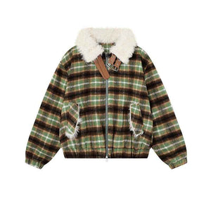 American Retro Color-Block Plaid Wool Coat - MRC WEAR