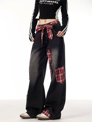 Plaid Stitching Wide Leg Jeans with Bowknot - MRC STOREjeansMRC STOREPlaid Stitching Wide Leg Jeans with Bowknot – Sweet & Trendy - MRC STOREMRC STORECJXX219845207GTBlackL