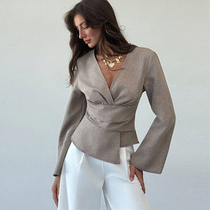 Slim - Fit Flared Sleeve Elegant Knit Top - MRC STORELong SleeveMRC STORESlim - Fit Flared Sleeve Elegant Knit Top MRC STORE MRC STORECJYD258874203CXGrayL