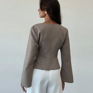 Slim - Fit Flared Sleeve Elegant Knit Top - MRC STORELong SleeveMRC STORESlim - Fit Flared Sleeve Elegant Knit Top MRC STORE MRC STORECJYD258874203CXGrayL