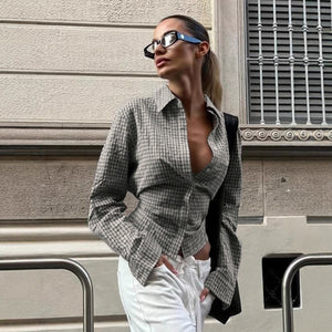 Retro Plaid Tie-Waist Long Sleeve Shirt - MRC WEAR