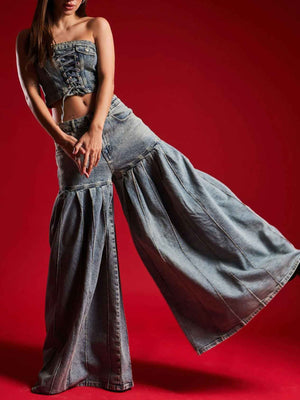 Strapless Denim Corset & Pleated Wide - Leg Set - MRC STOREsetMRC STOREStrapless Denim Corset & Pleated Wide - Leg SetMRC STORECJTZ237629905EVBlue2XL