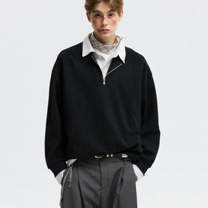 Two - Piece Polo Collar Pullover - MRC STOREsweaterMRC STOREPerson wearing a black sweater over a white shirt with gray pants on a light gray backgroundMRC STORECJWY260024211KPBlack2XL
