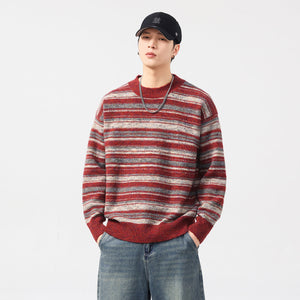 Loose Fit Retro Striped Crew-Neck Knitwear Sweater - MRC WEAR