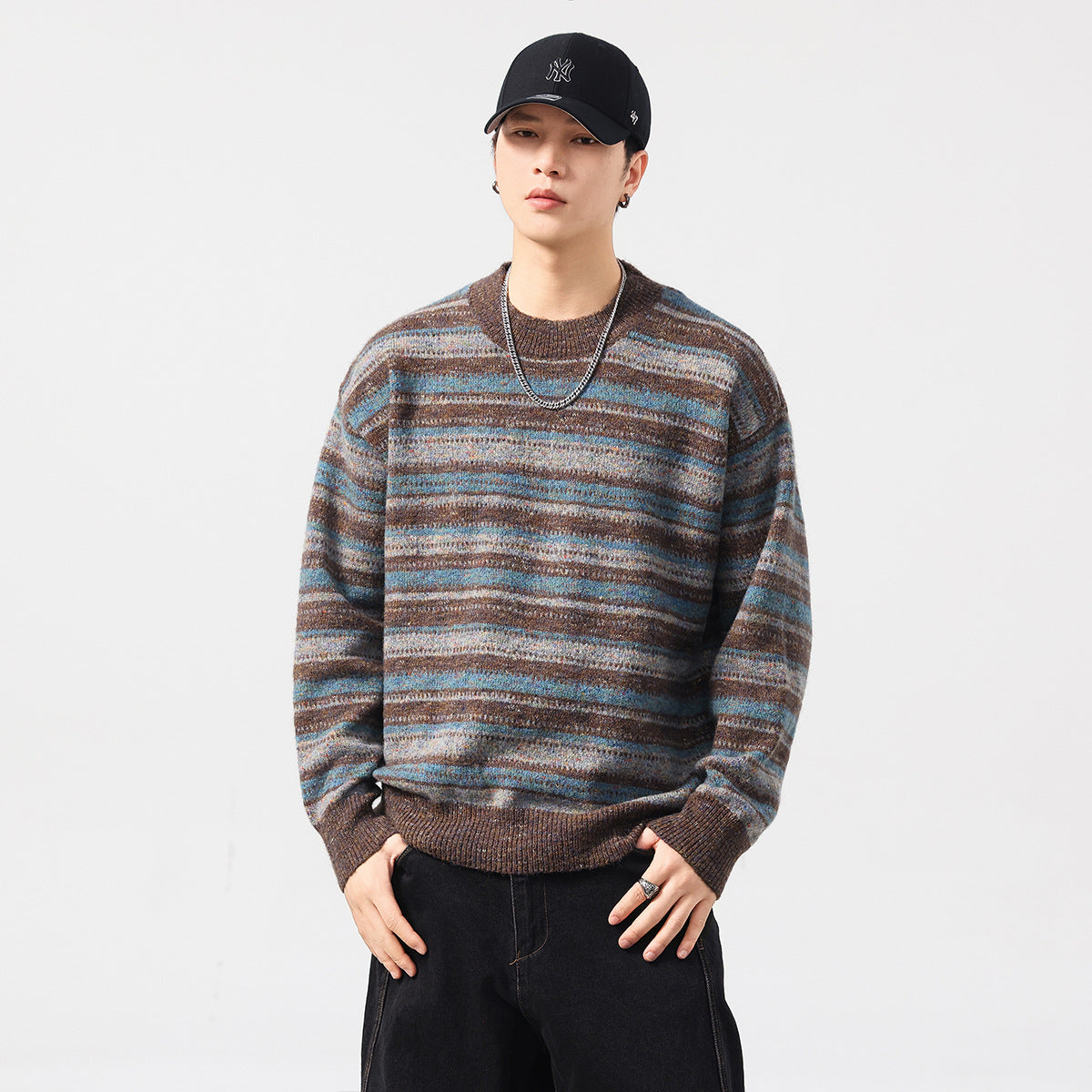 Loose Fit Retro Striped Crew-Neck Knitwear Sweater - MRC WEAR