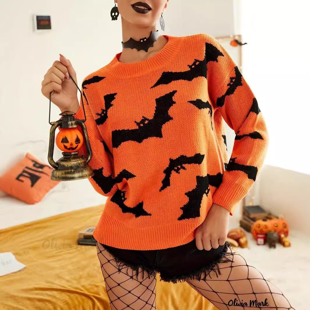 Halloween Brocade Knit Sweater - MRC STOREsweaterMRC STOREPerson wearing an orange sweater with black bat patterns, holding a Halloween lantern.MRC STORECJMY246315903CXOrange RedL