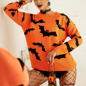 Halloween Brocade Knit Sweater - MRC STOREsweaterMRC STOREPerson wearing an orange sweater with black bat patterns, holding a small lantern.MRC STORECJMY246315903CXOrange RedL