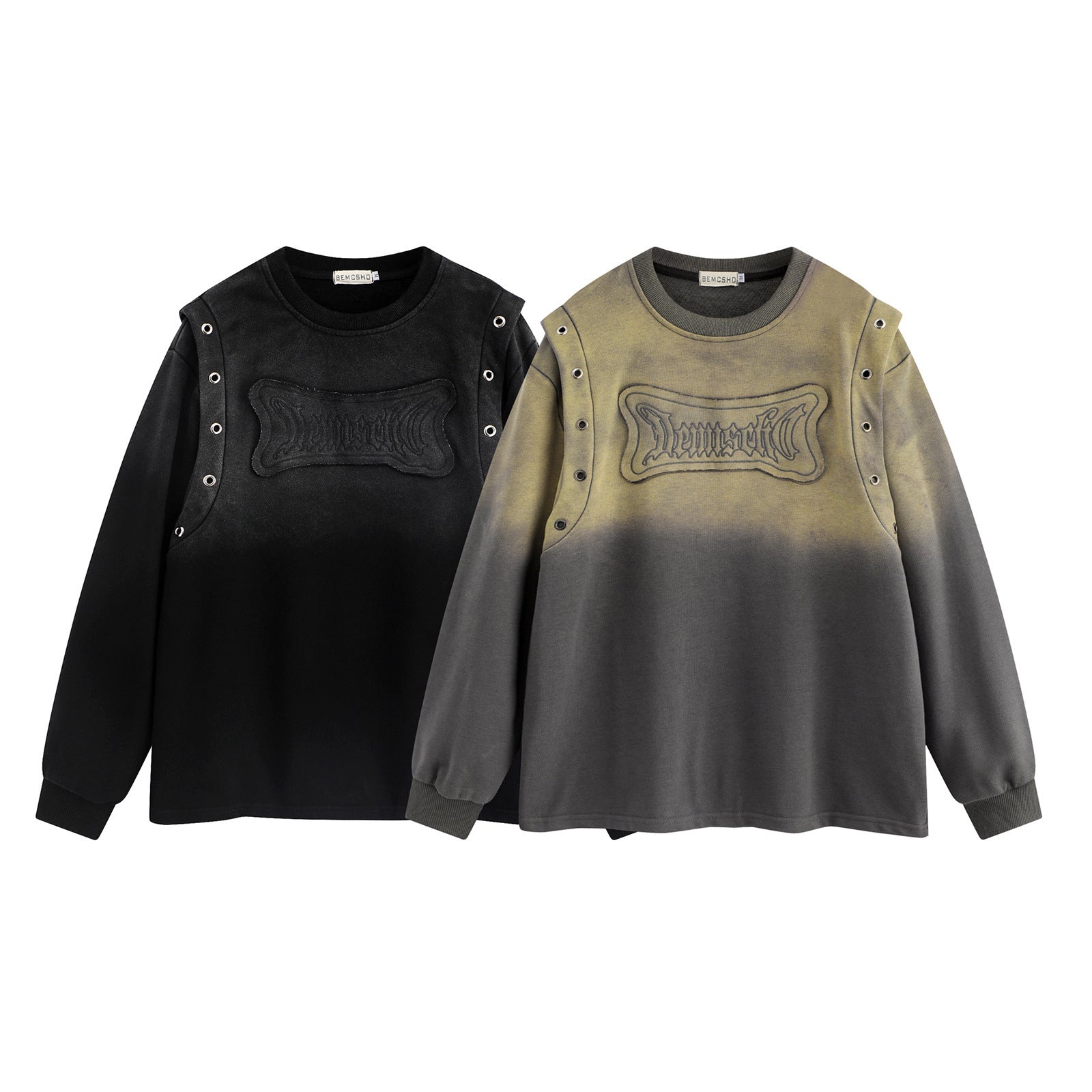 High Street Washed Distressed Embroidered Round Neck Sweater - MRC STORESweaters & HoodiesMRC STORETwo sweaters, one black and one gray with a gradient effect, on a white background.MRC STORECJWY227174503CXBlackL