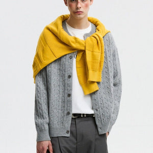 Unisex Twisted Solid Color Sweater Cardigan - MRC STORESweaters & HoodiesMRC STOREPerson wearing a gray cable knit cardigan with a yellow scarf on a white backgroundMRC STORECJWY259534415OLNavy Blue2XL