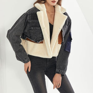 Fashion Stitching Loose Denim Lamb Wool Short Coat - MRC STORETopMRC STOREA woman wearing a casual denims jacket with sheep wool lining, in a color block style, featuring black and beige colors.MRC STORECJYD187641103CXBlackL