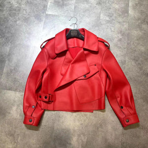 Genuine Sheepskin Leather Short Jacket - MRC STORETopMRC STOREA red genuine leather short jacket for women displayed on a hanger.MRC STORECJYD216257912LORedL