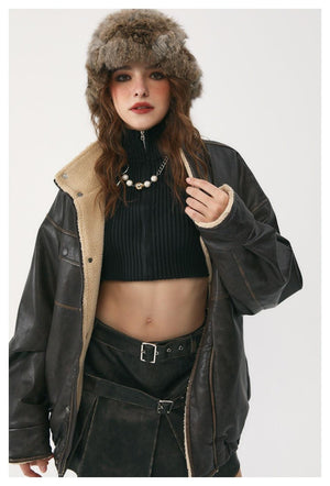 Winter Coat PU Leather Coat with Lamb Wool Lining - MRC STORETopMRC STOREA person wearing a winter coat with a stand collar, large patch pockets, and a belt. The coat is unbuttoned, revealing a turtleneck underneath.MRC STORECJPK211782702BYBlackL